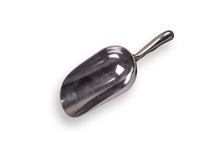 Meelschep aluminium 900 gram, 9,5 x 18,5 cm, rond model, lengte 27 cm