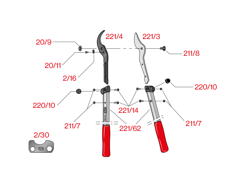 Takkenschaar Felco 221-80, lengte 80 cm, gebogen snijkop, aluminium grepen