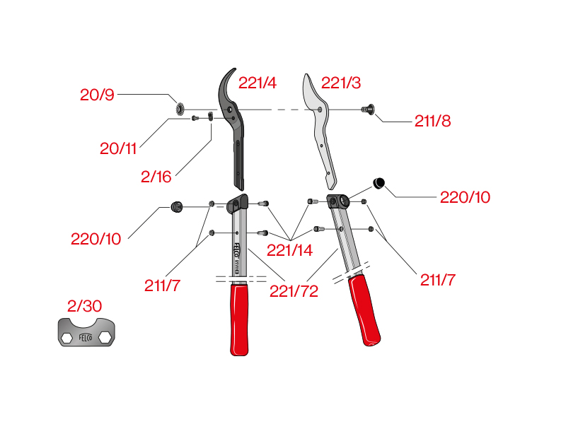 Takkenschaar Felco 221-90, lengte 90 cm, gebogen snijkop, aluminium grepen