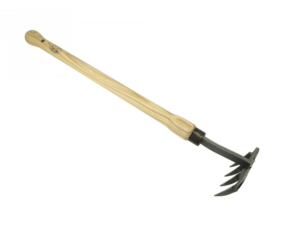 Handhark DE WEISS 4 Zinken, mit gedrehten Zinken und ESCHENHOLZ Knaufstiel 48 cm