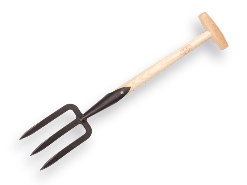 Hand fork DE WIT forged 3 tines, with ash wood T-handle 40 cm