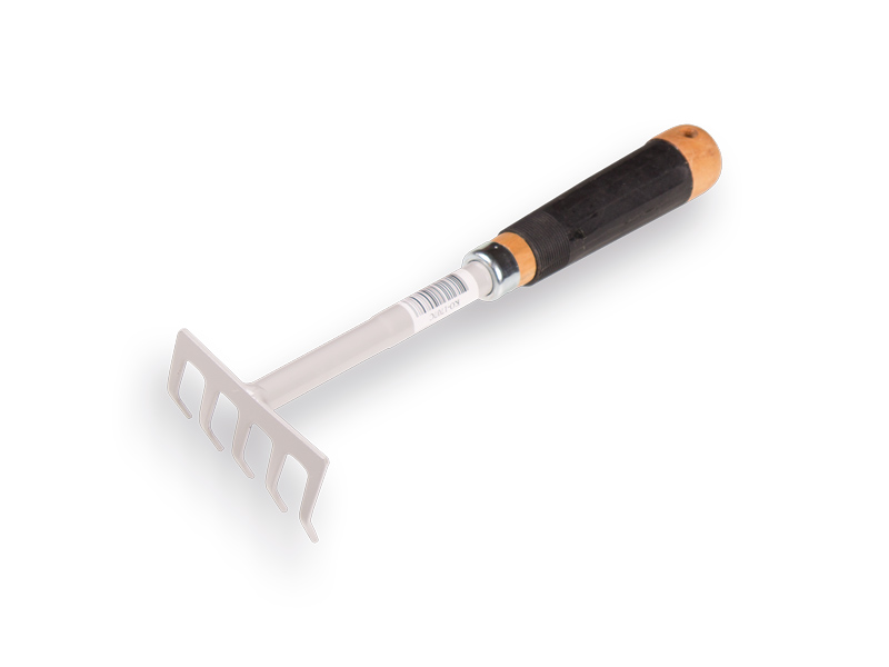 [1319080] Small hand rake with a wooden grip and a rubber handle.