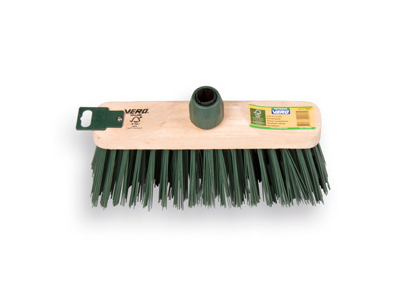 Straatbezem VERO PPN groen 28 cm, vlakke kap, met kunststof steelhouder