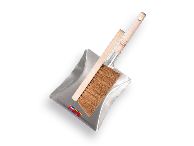 Dustpan VERO 8454 galvanised with long handle, with coconut fibre hand brush