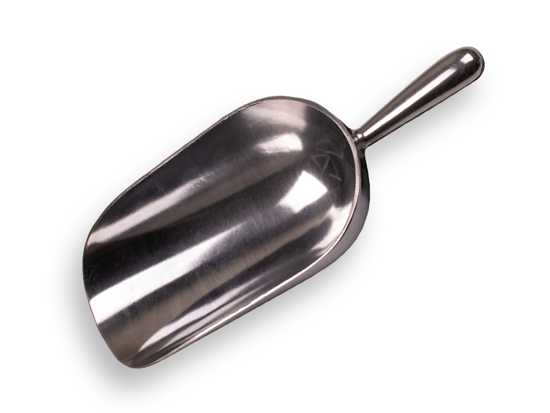 [29797] Pelle à farine aluminium 1600 grammes, 13 x 26 cm, modèle rond, longueur 37 cm