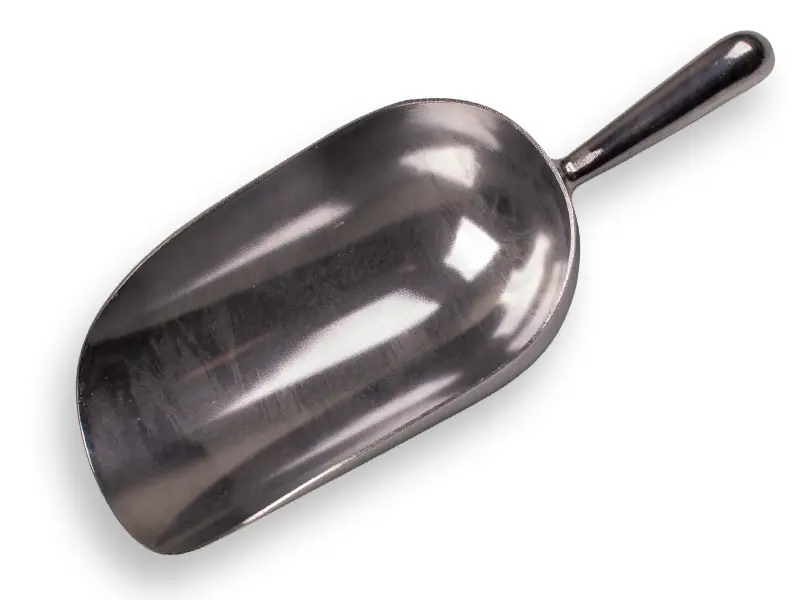 Pelle à farine aluminium 2500 gram, 16 x 29 cm, modèle rond, longueur 41 cm