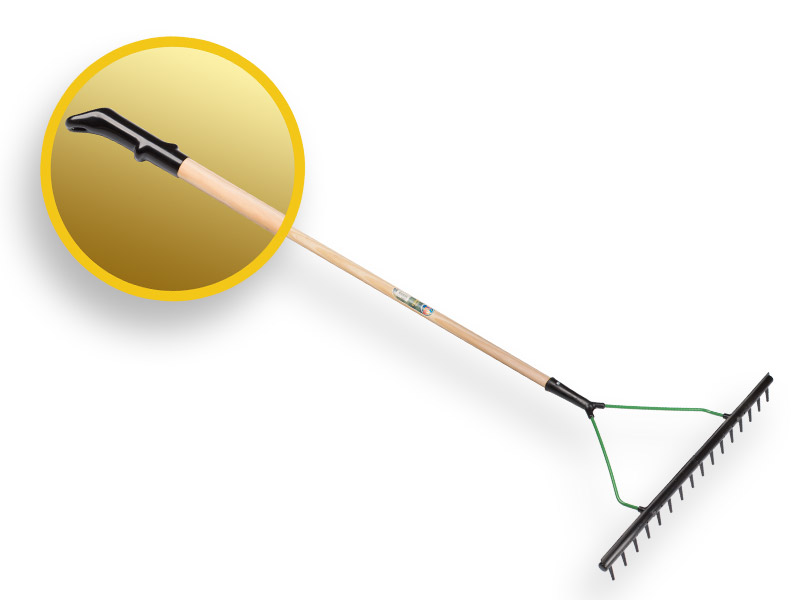 Râteau de golf - râteau de bunker JOST noir avec 16 dents courtes et bande de nivellement, avec manche ATLAS 170 x 2,8 cm