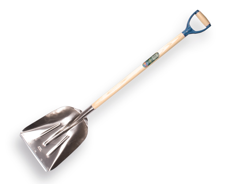 [790160] Grain shovel OFFNER aluminium with wear strip and ATLAS plastic D-handle 95 cm bent, FSC 100%