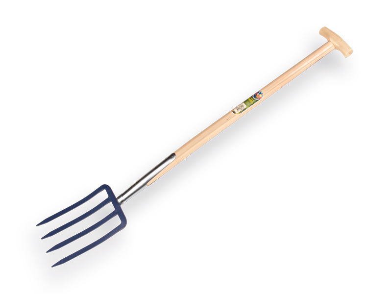 [862100] Grabegabel Jimmy 4-zinkig blau, mit Eschenholz T-Stiel 85 cm