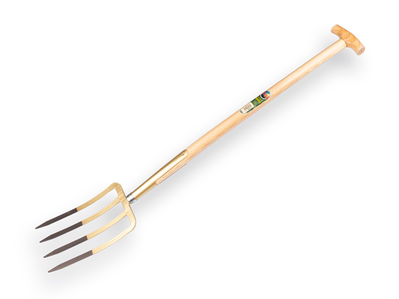 [862120] Fourche bêche OFFNER 4 dents bronze, avec douille et manche de bêche en T ATLAS 90 cm