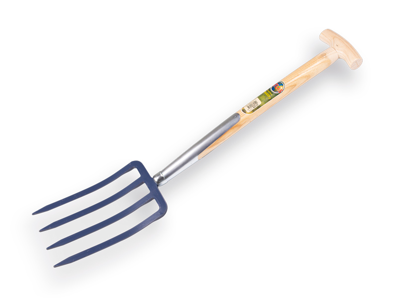 Fourche bêche Jimmy courte 4 dents bleue, avec manche de bêche en T en bois de frêne 50 cm