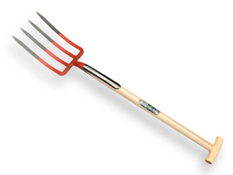 [865855] Fourche bêche OFFNER 4 dents rouge, avec double ressort et manche de bêche en T ATLAS 90 cm