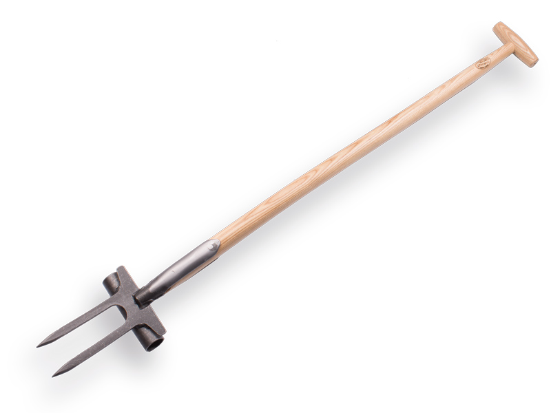 [865930] Lawn repair fork DE WIT 2 tines with ash wood T-handle 90 cm