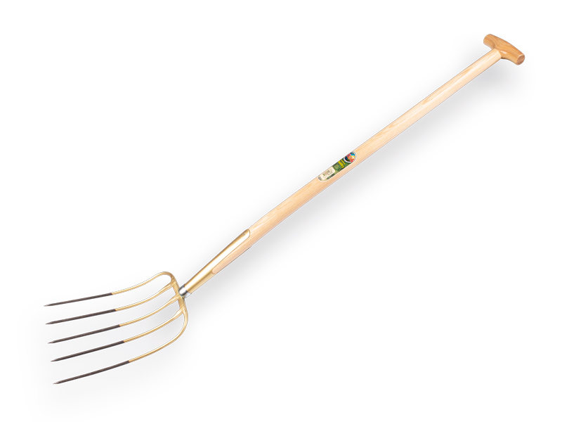 [911078] Manure fork OFFNER 5-tine bronze, with ATLAS T-handle 100 cm