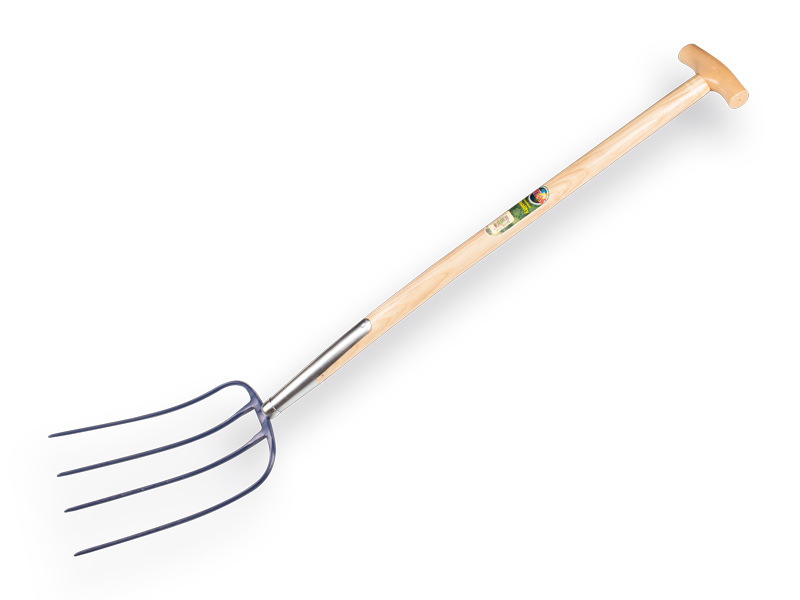 [911170] Manure Fork Jimmy 4-prong blue, with ash wood T-handle 85 cm