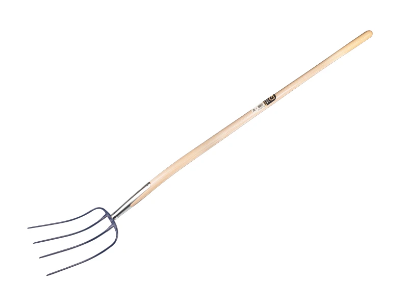 [911180] Fourche à fumier Jimmy 4 dents bleue, avec manche boule en bois de frêne 135 cm
