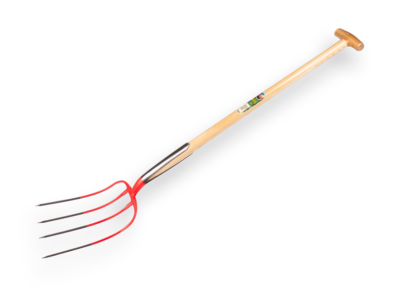 [916400] Manure fork OFFNER 4-tine red, with double spring and ATLAS T-handle 90 cm