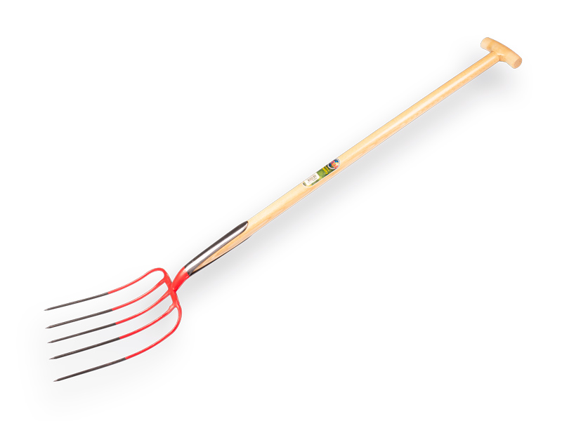 Manure fork OFFNER 5 tines red, with double spring and ATLAS T-handle 100 cm