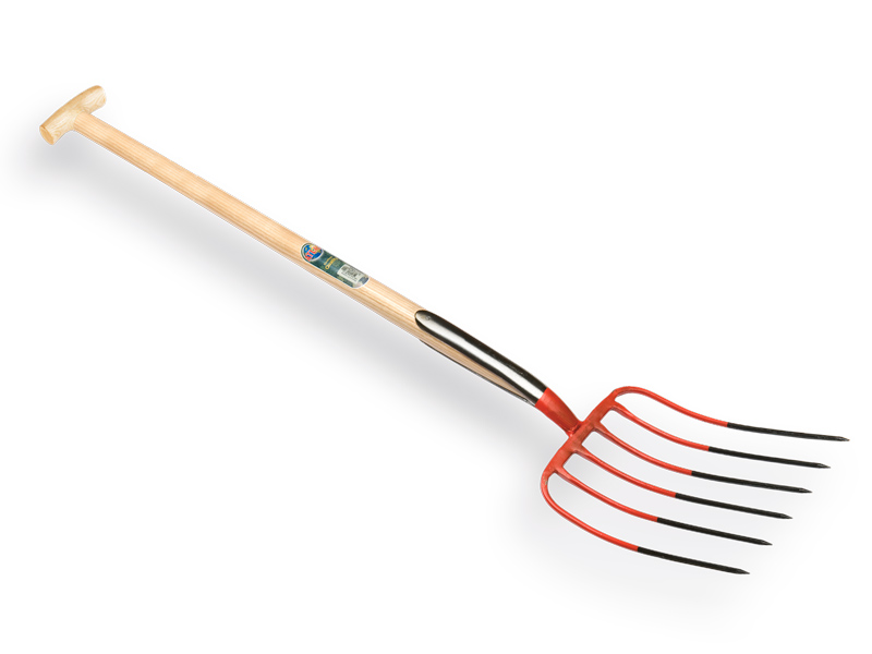 Fourche à fumier OFFNER 6 dents rouge, avec double ressort et manche de bêche en T ATLAS 90 cm