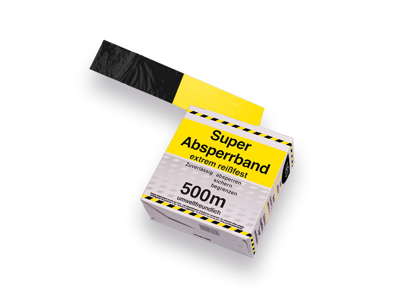 Absperrband KONVOX gelb-schwarz 500 m x 8 cm, reißfestes PE, in Spenderbox