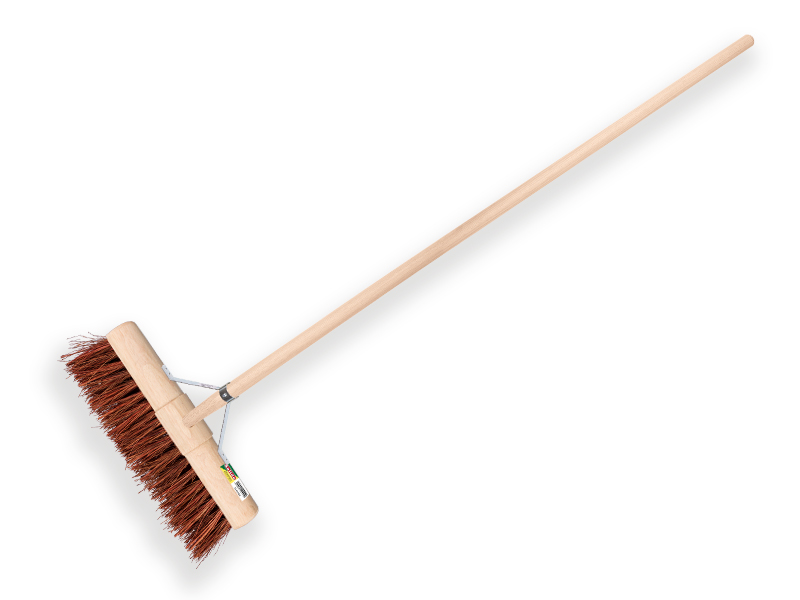 Balai de voirie SOLIDE bassine huilée 45 cm, tête ronde, avec manche IKAPE 150 x 2,8 cm et support de manche de balai. FSC 100%