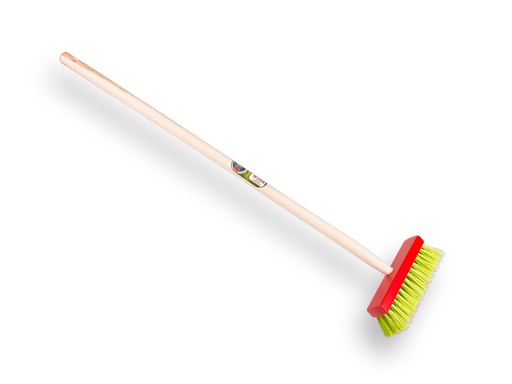 [1470750] Children's red broom with a tapered handle.
