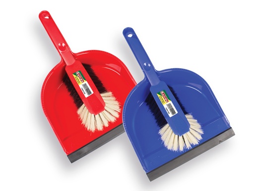 [1492035] Pelle à poussière SOLIDE en plastique avec lame d’usure en caoutchouc, avec balayette en plastique (bleu et rouge)