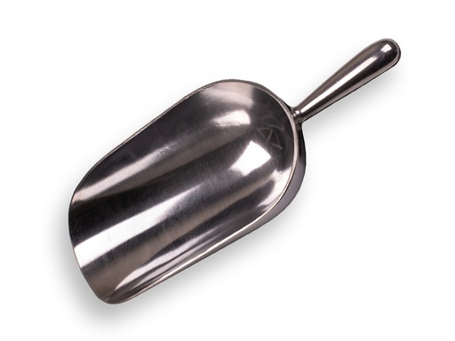 [29797] Pelle à farine aluminium 1600 grammes, 13 x 26 cm, modèle rond, longueur 37 cm