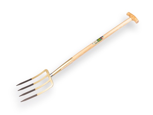 [862130] OFFNER Spatengabel 4 Zinken Gold lackiert, Zinkenlänge 27 cm. Extra Stark mit Esche T-stiel 90 cm 